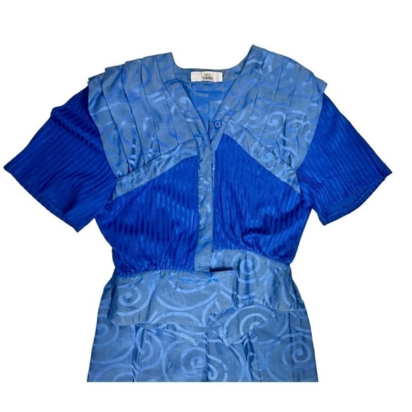 VTG GIUSI SLAVIERO Pant Suit Italy Sapphire Blue Damask Silk Sz M - Picture 4 of 9